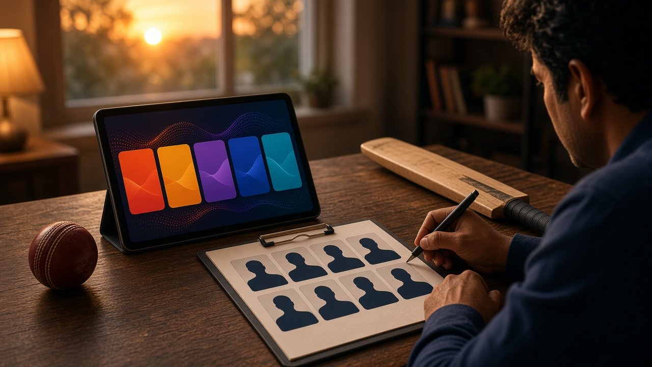 An organiser at a wooden table at sunset with a tablet showing colourful team cards, a clipboard of blank player silhouette cards, a cricket ball and a bat
