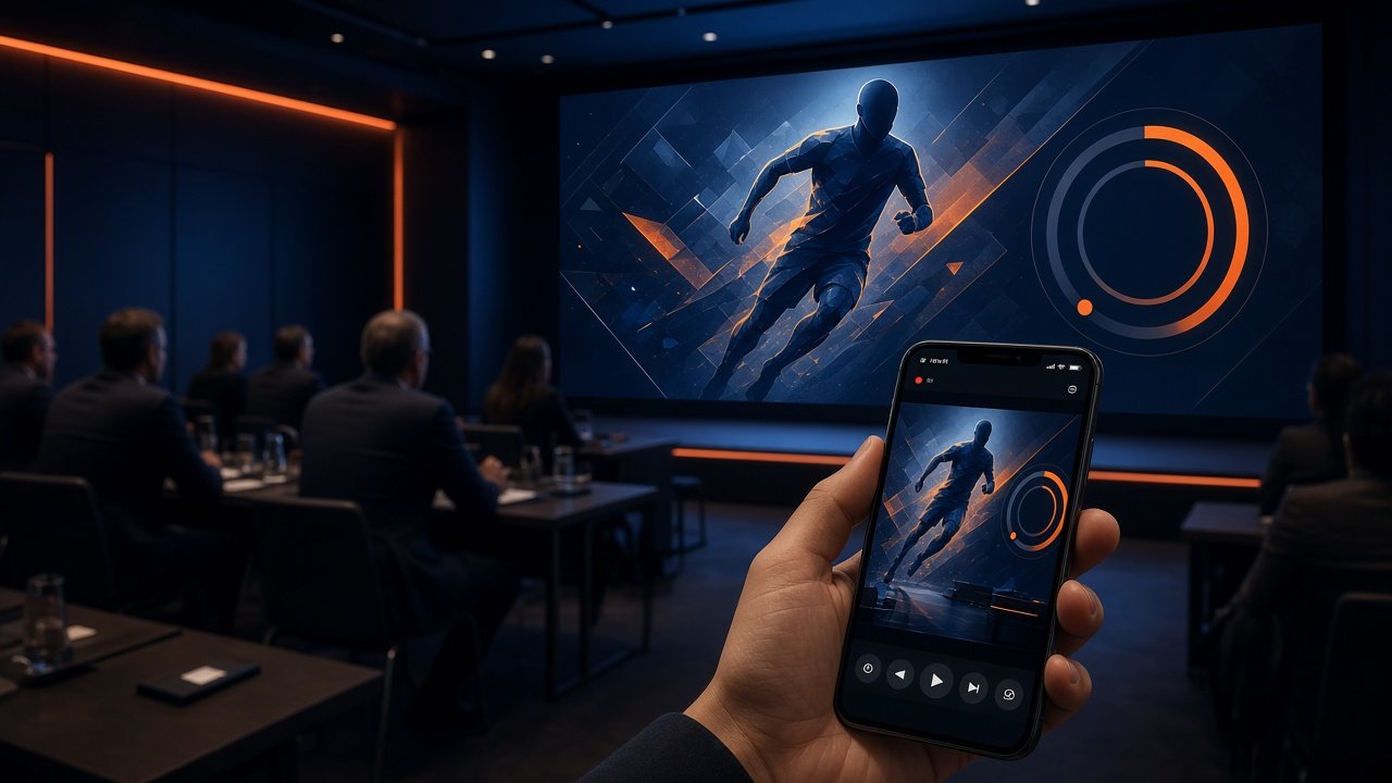 Auction venue with a big screen showing a player card and countdown, and a phone showing the same auction as a live stream.