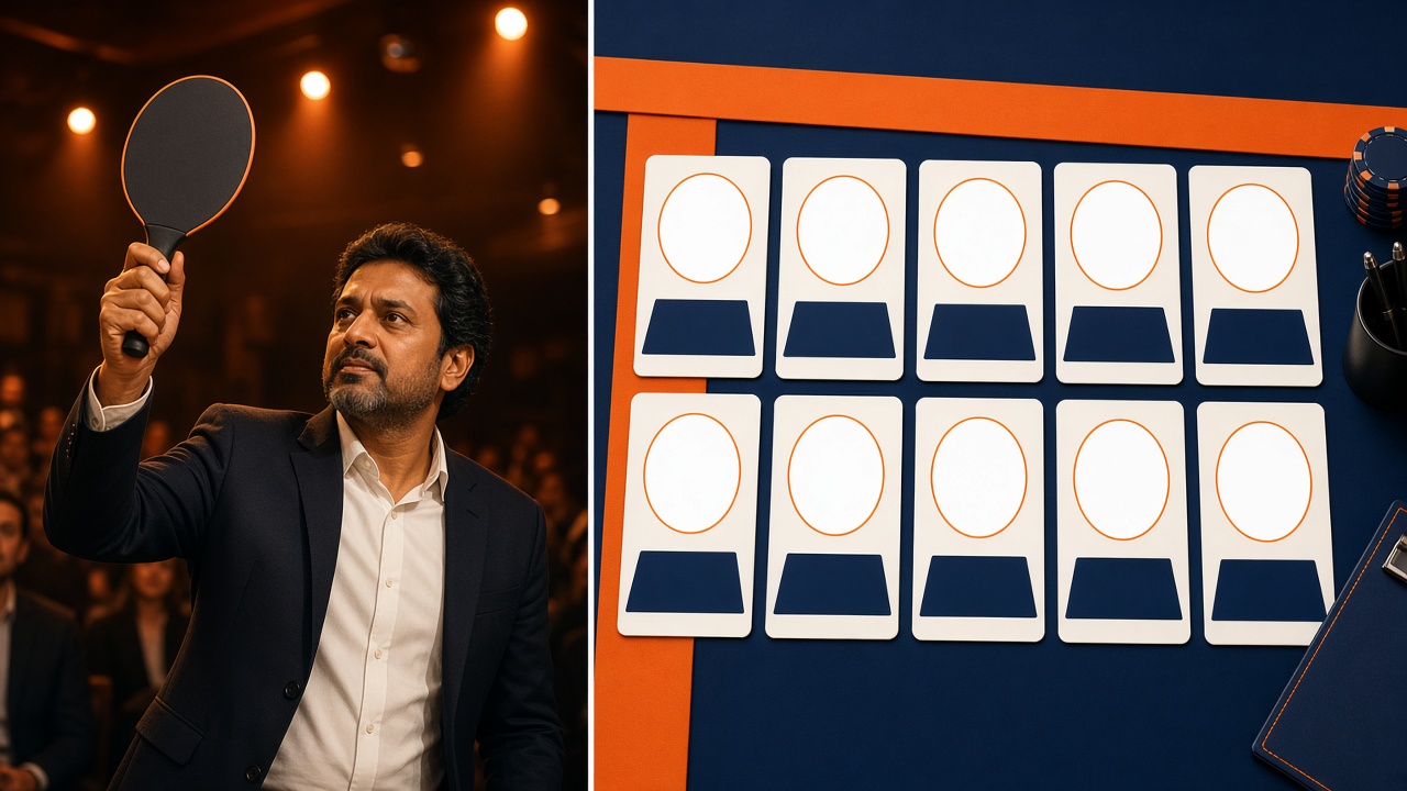 Split image: a team owner raising a bid paddle in a live auction room, and blank player cards laid out in rows like a draft board