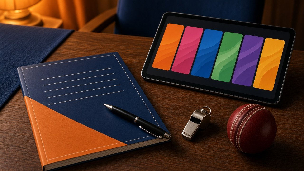 Organiser's desk with a rulebook, pen, whistle, cricket ball and a tablet showing team cards.