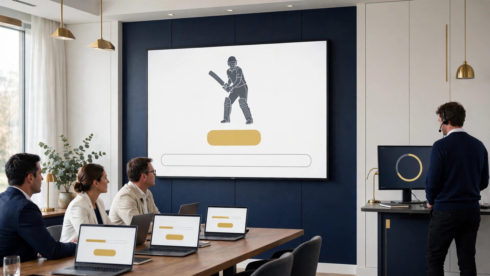 Team owners at a table watching a cricket player card on a large screen, with an operator at a side desk.